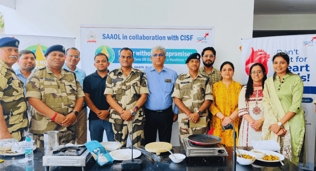 SAAOL team with CISF officers during a heart health awareness and zero oil cooking event - SAAOL Delhi